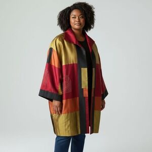Art to Wear Silk Blend Colorblock Kimono Jacket Red Gold Embroidery  Lbl Removed